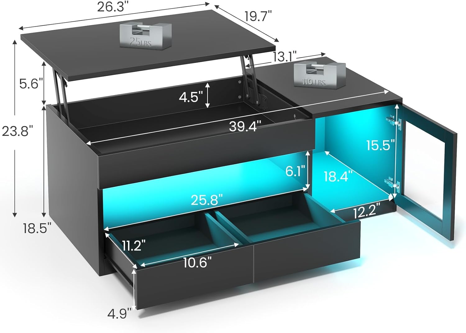 Itaar 39.4" Lift Top Coffee Table with 2 Drawers, Modern LED Coffee Tables for Living Room, Coffee Table with Glass Storage Cabinet, Black