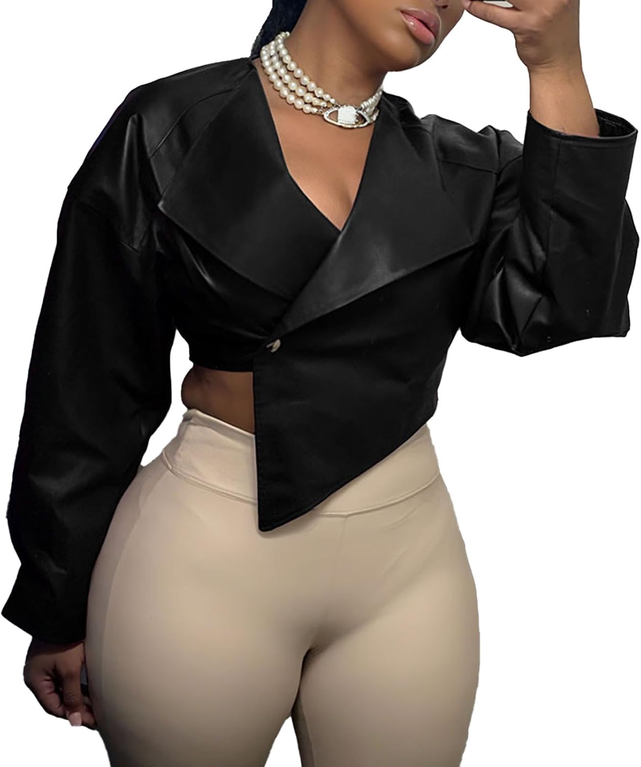 Molilove Crop Leather Jacket Women Faux Leather Long Sleeve Lapel Neck Button Down PU Coats Fall Going Out Jackets