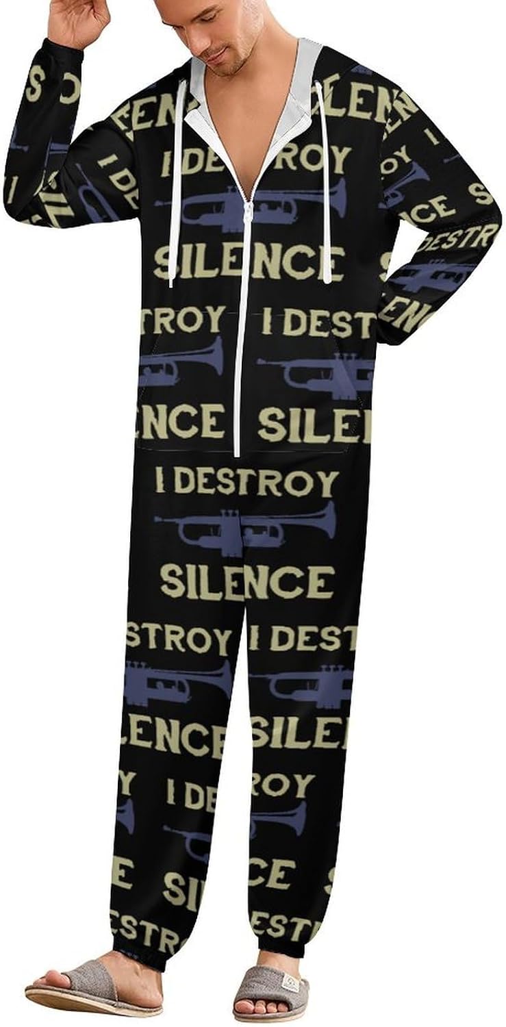 I Destroy Silence Trumpet Adult Pajamas Onesie with Hood Pocket Jumpsuits One Piece Sleepwear