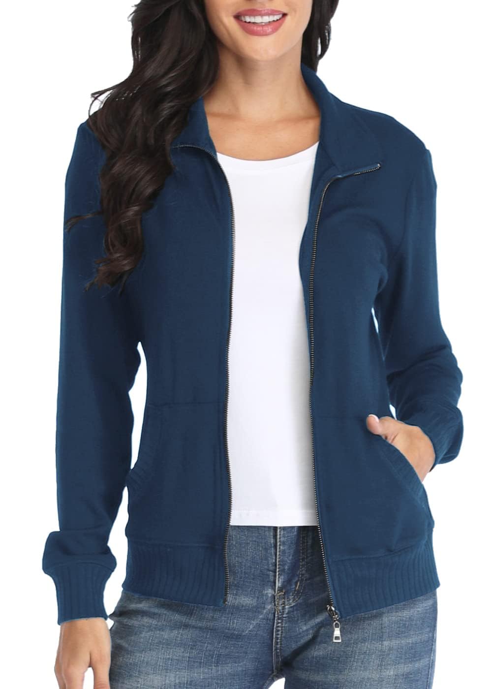 WUDODO Women's Zip up Sweatshirt Jacket Stand Collar Hoodless Running Sweatshirt with Pockets