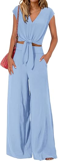 PRETTYGARDEN Women's Summer Cap Sleeve V Neck Belted Crop Tops Wide Leg Pant Sets Casual Tracksuit