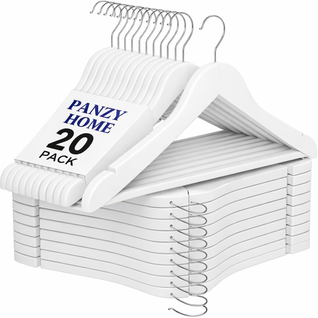20 Wooden Hangers, Coat Hangers, Clothes Hangers, with Shoulder Notches, Trousers Bar, 360° Swivel Hook, for Suits, Shirts, Coats, Natural Pack of 20 (20 Pack White)