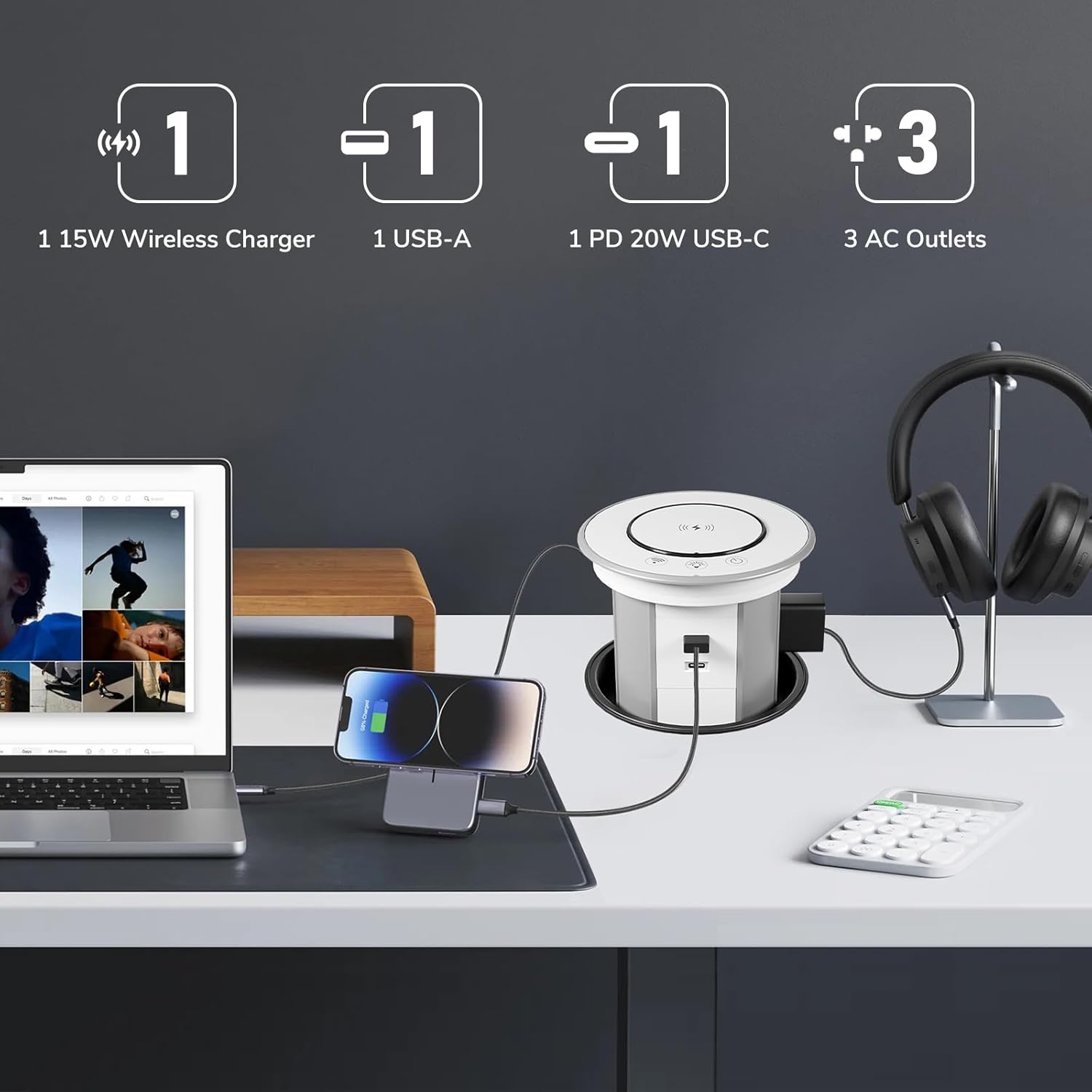 Pop Up Outlet for Countertop with 15W Wireless Charger & Mobile App Control-3 AC Outlets + USB-A & 20W USB-C Ports, 5.35" Recessed Pop Up Electrical Outlet Space Saver for Home Kitchen Office-White​