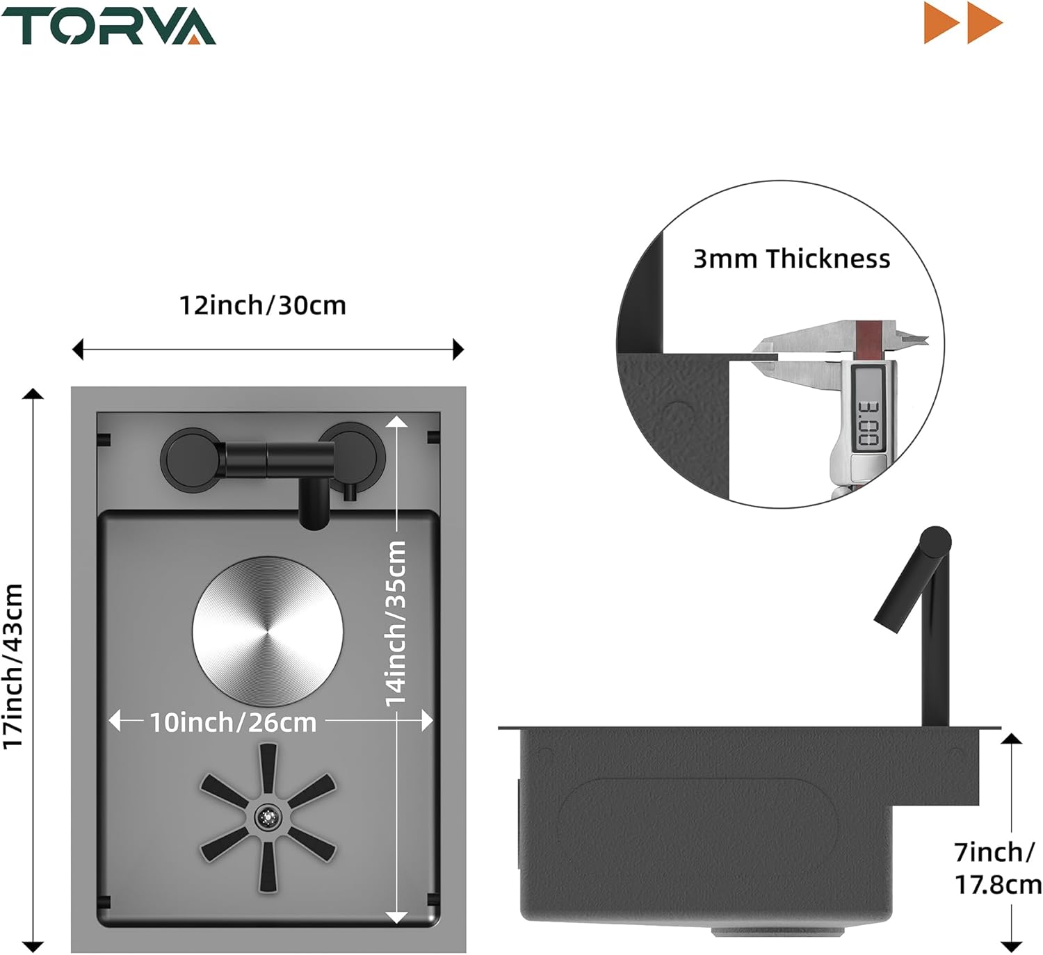 TORVA RV Sink, 12 x 17 Inch Undermount Bar Sink Premium Stainless Steel RV Kitchen Sink with Hideaway Faucet and Cup Rinser, Dark Grey