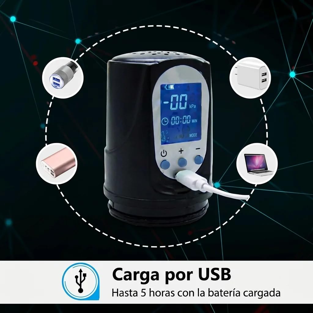Bomba de Pene Eléctrica Automática con Pantalla LED | 2 Anillos de Silicona | Carga USB | Impermeable | Estimulador y Amplificador Masculino