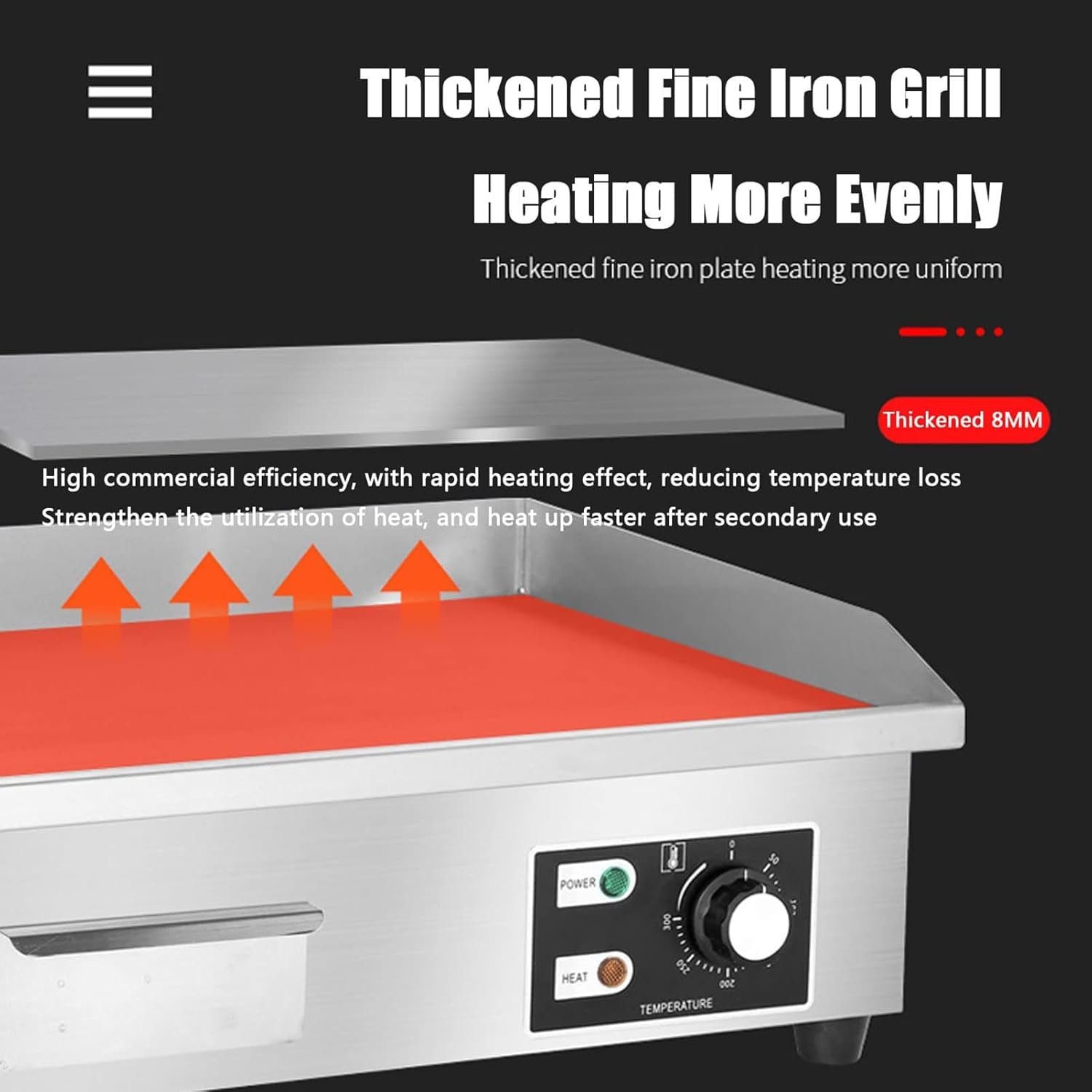 Plancha eléctrica comercial, plancha plana de encimera, parrilla de barbacoa comercial antiadherente de acero inoxidable, dos quemadores con control termostático, 3000 W (2/3 plano y ranura de 1/3) 5