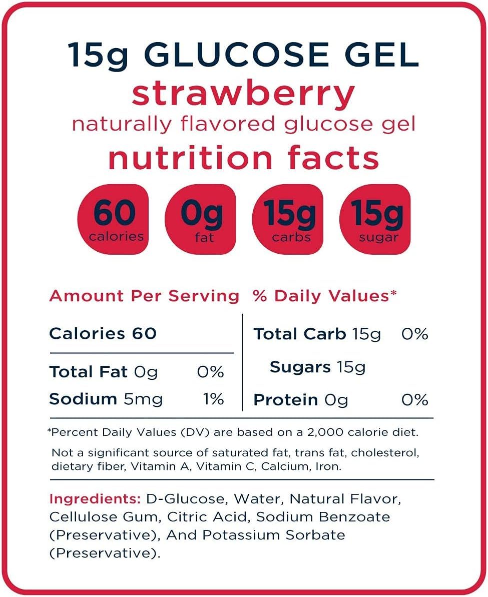 Strawberry Flavored Glucose Gels, Twenty 1.1-Ounce Packets In Brand Bag, 15-Grams Fast-Acting Glucose