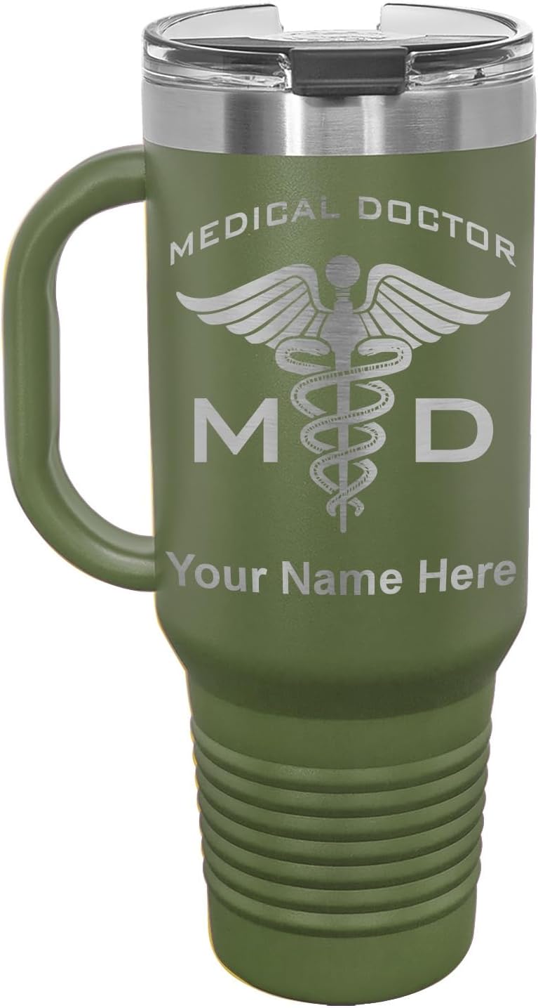 LaserGram 40oz Vacuum Insulated Travel Mug with Handle, MD Medical Doctor, Personalized Engraving Included (Camo Green)