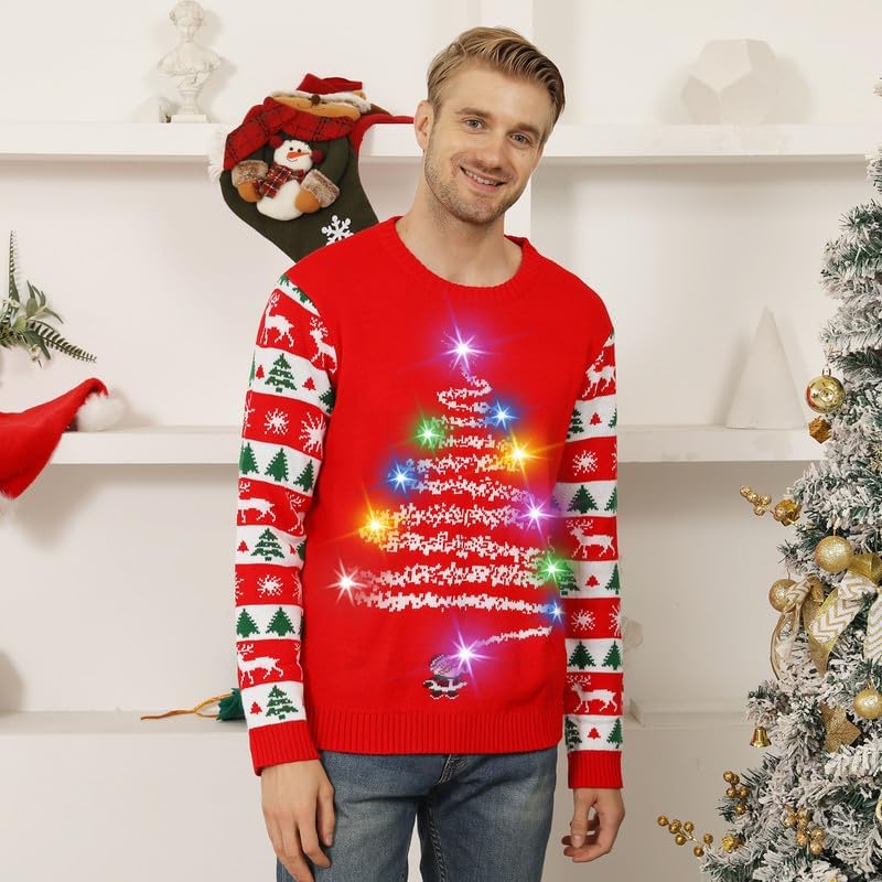 FWV Ugly Christmas Sweater for Women Men,Light up Christmas Sweater,Unisex Cute Xmas Tree Funny Holiday Ugly Sweaters Xmas for Couples Set Red