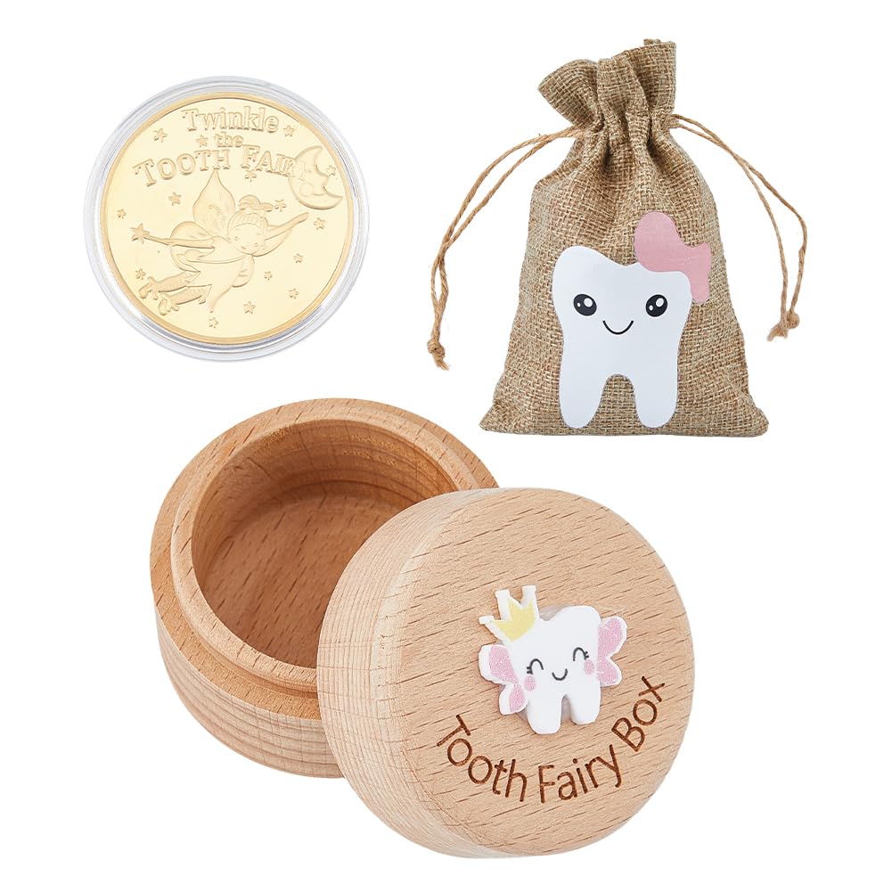 SUPERFINDINGS 1 Set Wood Tooth Fairy Box with Fairy Reward Coin and Linen Pouches Pink Dropped Tooth Keepsake Collection Storage Box for First Lost Teeth Fairy Gifts