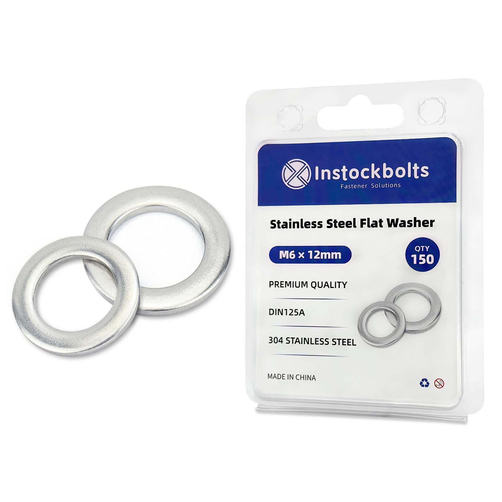 M6 x 12mm OD Flat Washer, 18-8 (304) Stainless Steel Washers Flat, 150PCS