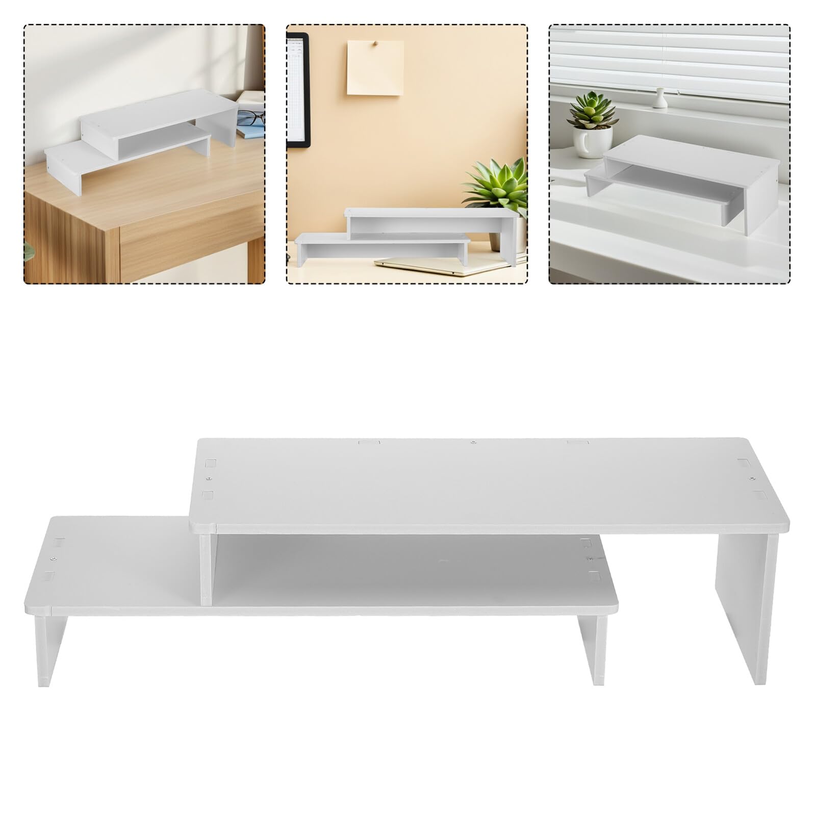Supporto Monitor in Legno Bianco a 2 Livelli per Scrivania | Design a Doppio Strato, Superficie Raffinata, Base Stabile Antiscivolo, Adatto a Professionisti e Studenti