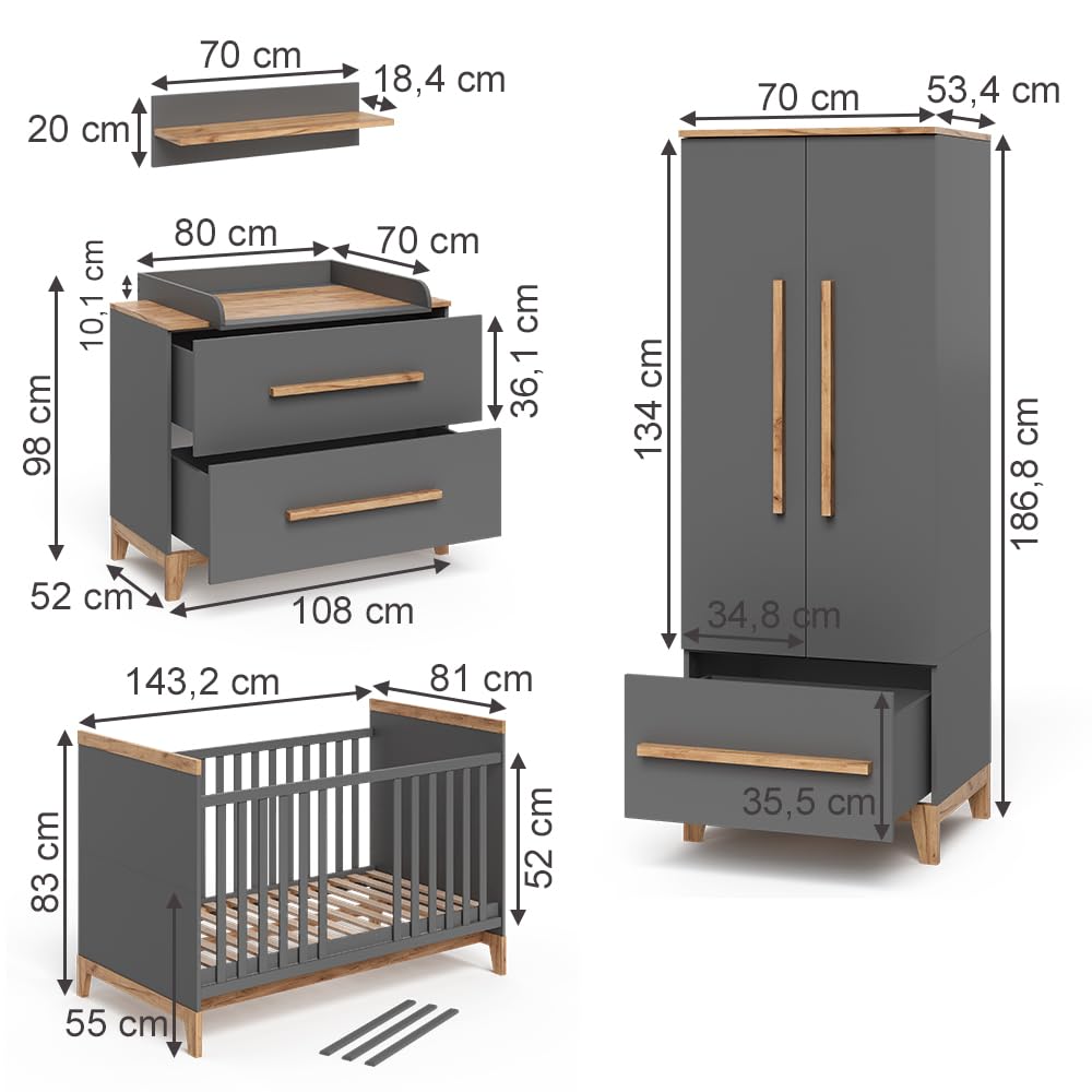 VitaliSpa Set de Chambre d'enfant Malia, Gris/chêne, Lot de 4, adapté à l’Extension avec d’Autres Meubles Malia