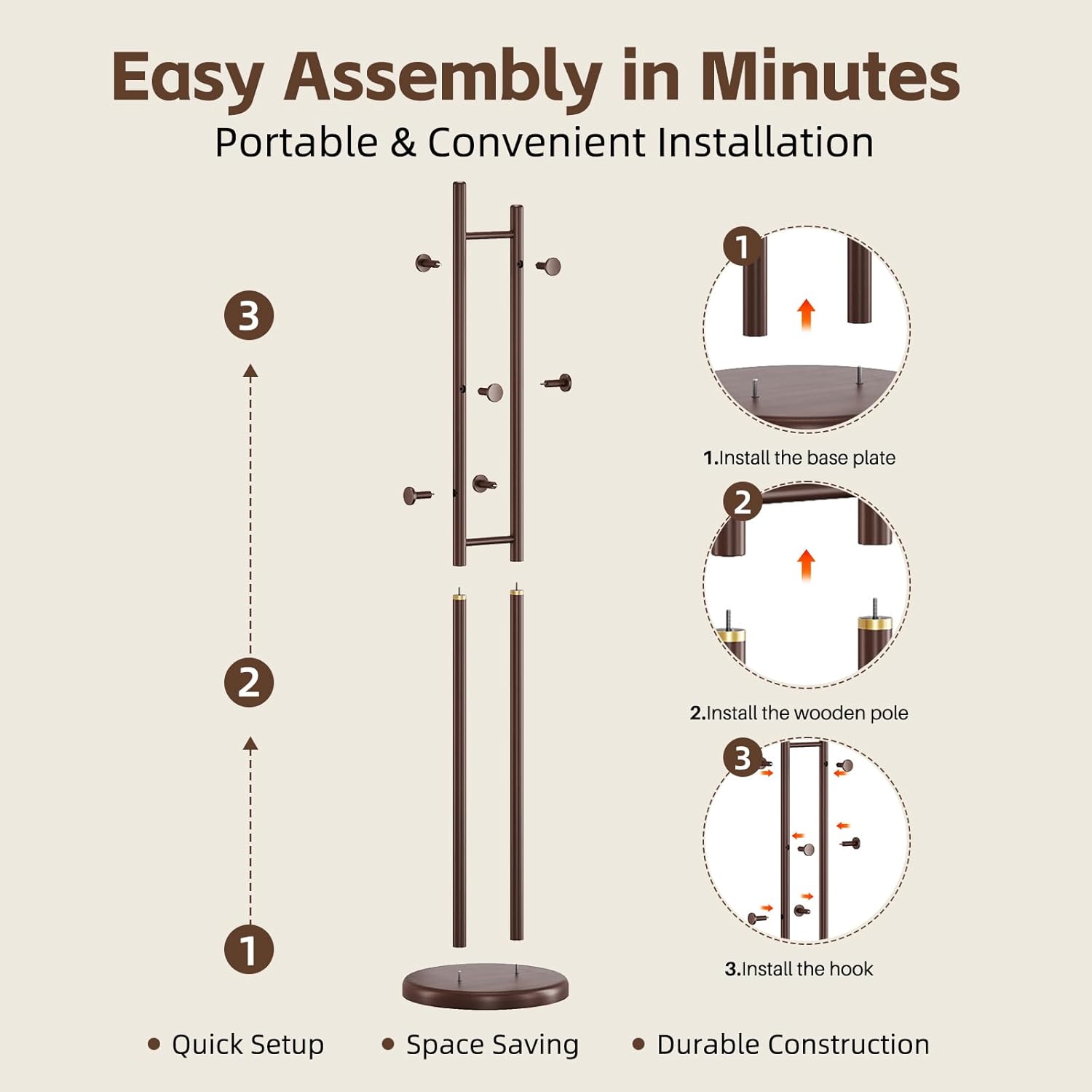 Uniclinens Wood Coat Rack Freestanding - Heavy Duty Freestanding Coat Rack, Wooden Coat Stand with 6 Hooks Creative Tree Branch-look for Entryway, Hallway, Bedroom (Dark Walnut)