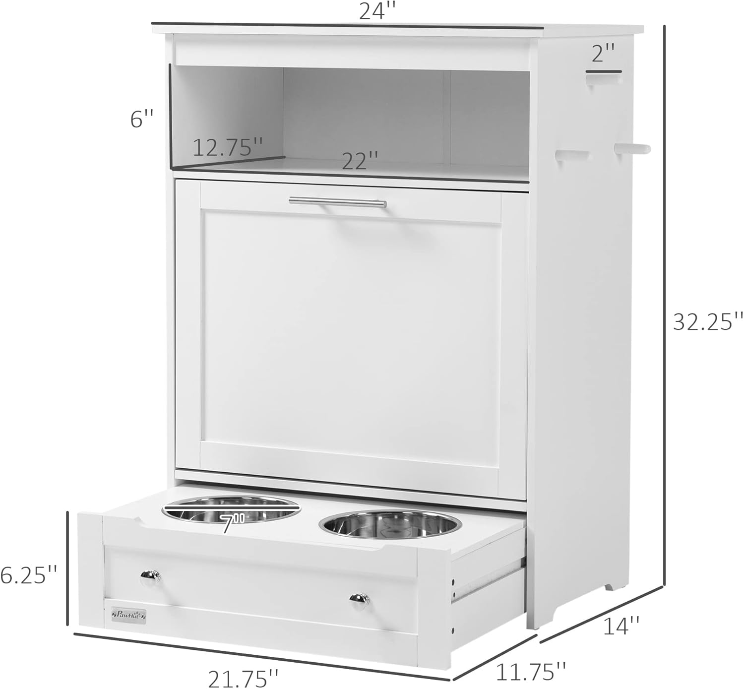 32'' Dog Feeding Station with Storage Cabinet, Wood Pet Storage Cabinet with Raised Bowls, Hidden Feeding Design, Controlled Feed Times