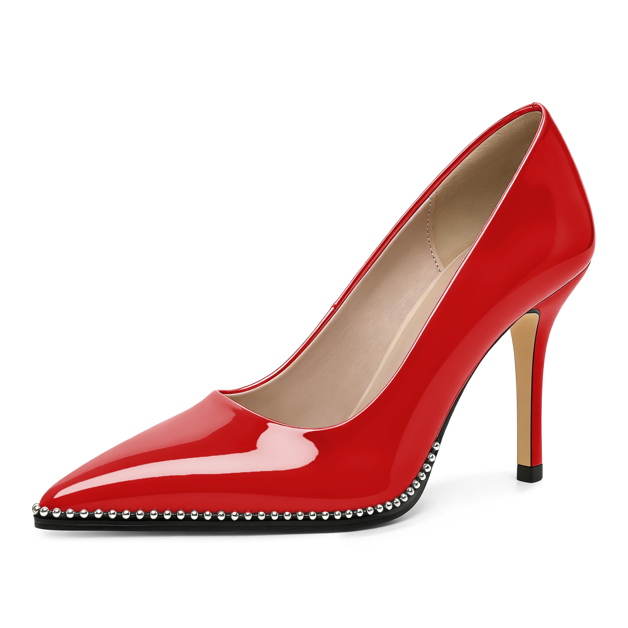 SAMMITOP Women Beaded Pumps Closed Pointed Toe High Heel Slip On Stilettos 3.5 Inch Sexy Heeled Dress Shoes Patent Leather