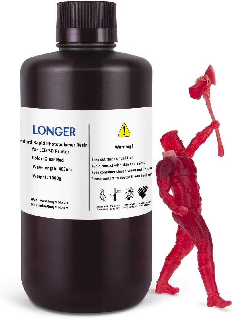 LONGER 3D Printer Resin, 405nm Standard Rapid Photopolymer Resin for DLP/LCD 3D Printing, High Precision & Quick Curing & Excellent Fluidity & Easy to Clean (Transparent Red, 1000ml)