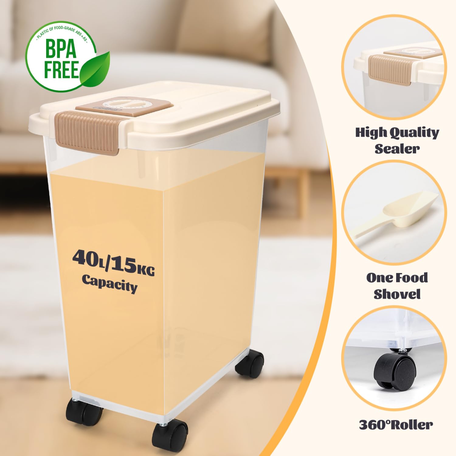 Nobleza Contenedor de Pienso para Mascotas 40L, con Ruedas, Tapa Abatible, Cuchara y Marcador de Fecha, Caja Hermética Transparente para Perros y Gatos