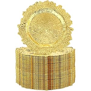 32 Pack Charger Plates Set Reef Plate Chargers for Dinner Table Serving Tray Floral Plastic Decorative Plates for Table Setting Wedding Party, 13 Inch (Gold)