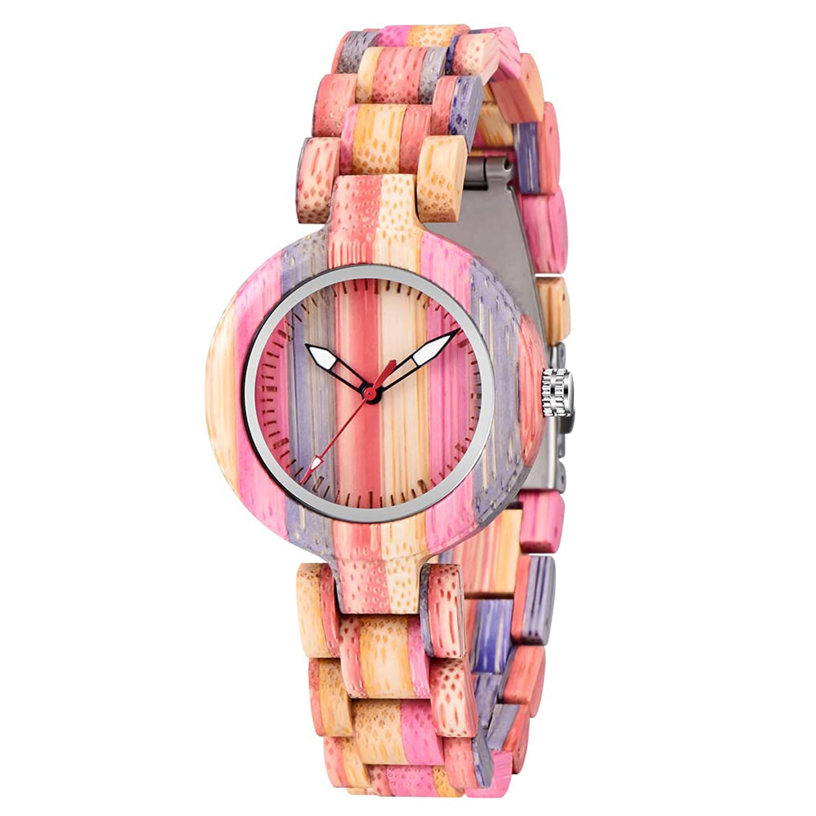 Tiong Orologio da donna in legno di bambù colorato, classico, al quarzo, in legno, analogico, al quarzo, per donne, Wq1066 colorato, Retrò