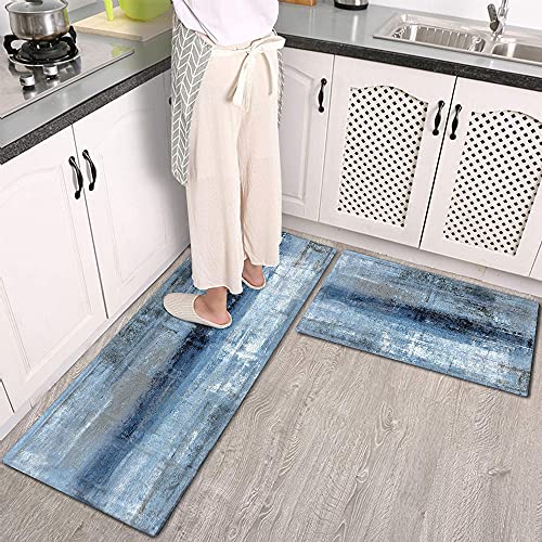 Brillistar Kitchen Mat 2 Pcs Blue Kitchen Rugs And Mats Blue Grey Abstract Art Cushioned Anti-Fatigue Kitchen Rugs 17"X48"+17"X24" Kitchen Decor Non-Slip Kitchen Rug Set For Kitchen Floor #TOP2