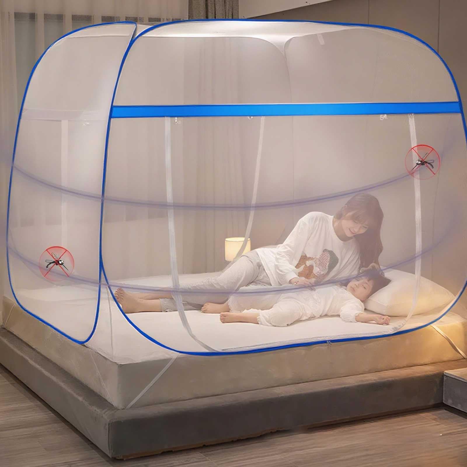 Mosquitera para Cama Matrimonio Plegable, Mosquitera De Cama Portatil Viaje con Fondo Cierre De Cremallera Doble Puerta para Camping Viaje Hogar Al Aire Libre, Instalación Gratuita