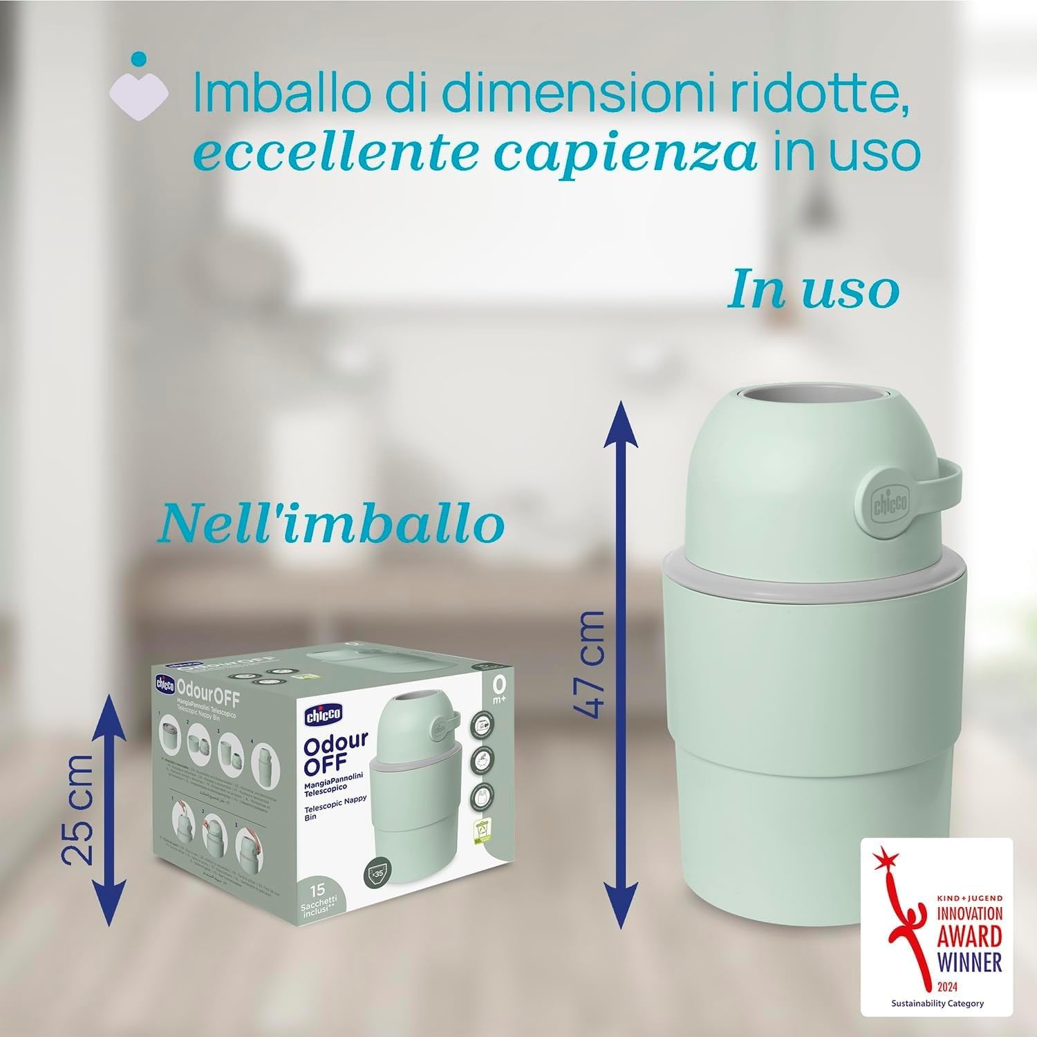 Chicco Mangiapannolini Telescopico Controlla Odori Compatto, Smaltimento Pannolini, Cestino Contenitore Pieghevole e Salvaspazio, Verde + 45 Sacchetti Odour off