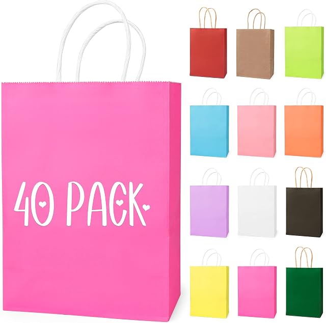 ARTCUT 40 PCS Gift Bags, Brown Paper Bags, Small Paper Party Bags with Handles, Birthday Gift Bag for Presents, Paper Gift Bags for Wedding, Birthday, Party, 150x80x210mm (Hot Pink)