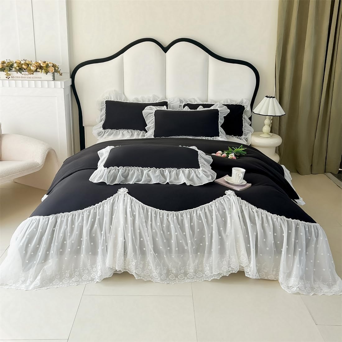 IHOUSTRIY Lace Duvet Cover Queen Size, Chiffon Ruffled Beddding Set with Flower, 3 Pieces Comforter Cover Set with Zipper Closure, Girl Princess Bedding with Pillowcase - White, Queen