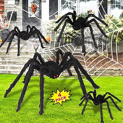 Halloween Spider Decorations, Aitey Halloween Scary Giant Spider Set with 4 Large Fake Spider, Spider Web, 20 Small Plastic Spiders, Cobwebs for Window Wall and Yard Outdoor Halloween Decor Cover