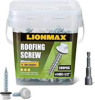 Roofing Screws #14 x 1-1/2", Sheet Metal Roof Screws 280 PCS with EPDM Washer, White Hex Head Screw for Metal Roofing, Self-Tapping, 10MM Hex Socket for Free