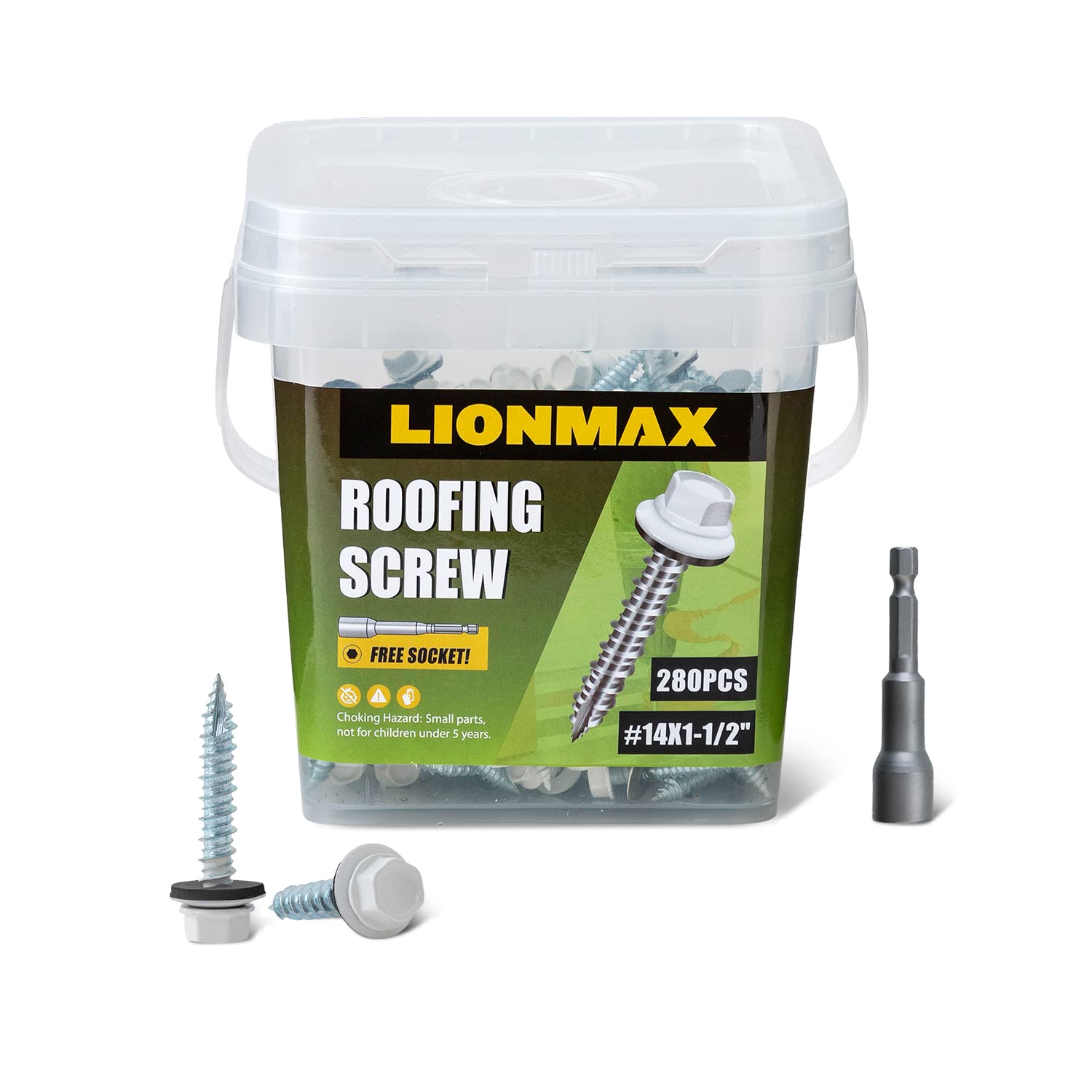 LIONMAXRoofing Screws #14 x 1-1/2", Sheet Metal Roof Screws 280 PCS with EPDM Washer, Bright White Hex Head Screw for Metal Roofing, Self-Tapping, 10MM Hex Socket for Free