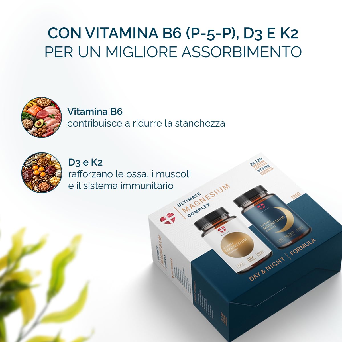 Ultimate Magnesium Complex, 2x120 Capsule di Complesso di Magnesio, Day&Night, metabolismo energetico normale, sistema nervoso, muscoli, ossa, 8 forme, Aquamin Mg, B6 P-5-P, D3K2, vegano