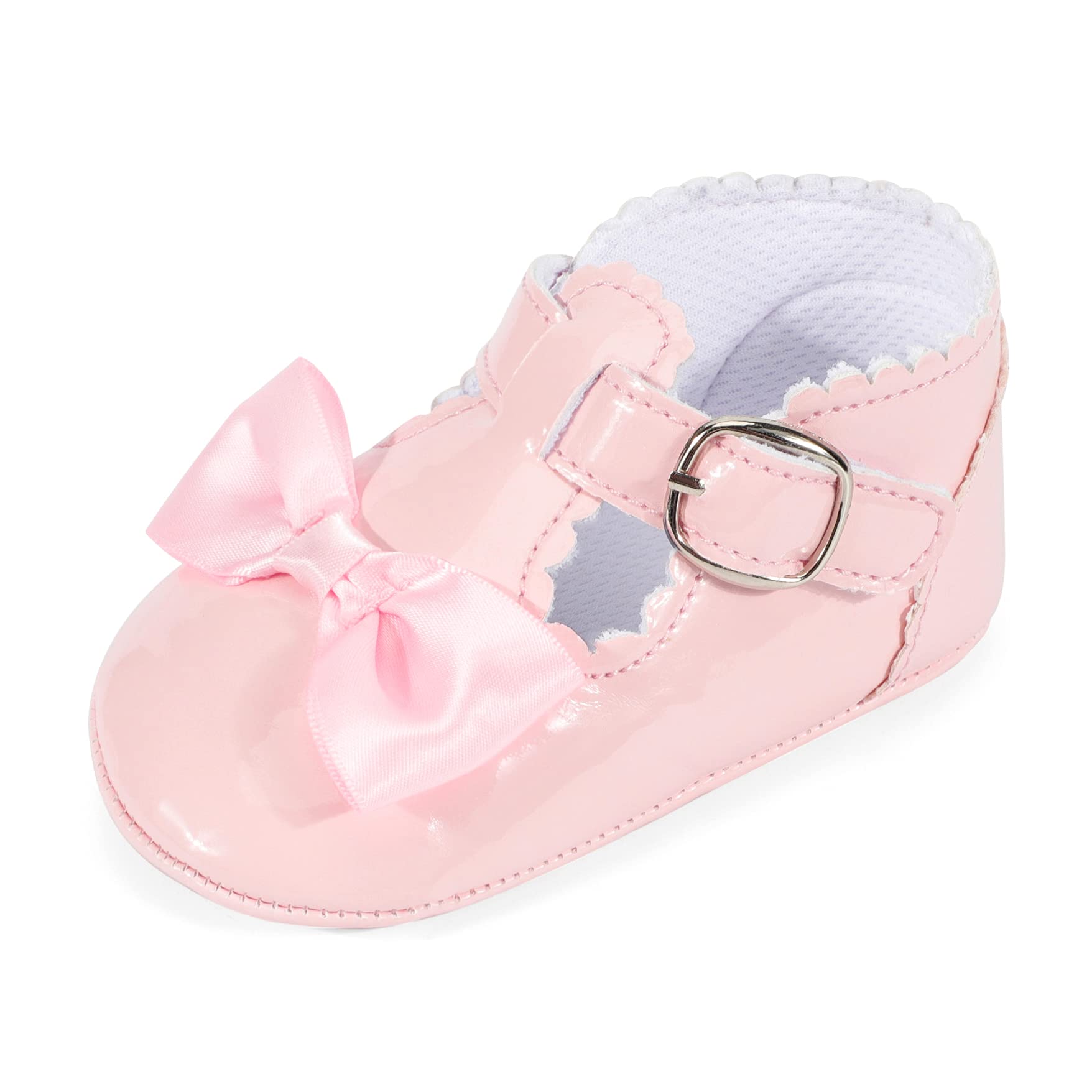 Infant Girls Bowknot Mary Jane Flats Soft Rubber Sole Toddler Sneakers Prewalker Wedding Dress Shoes Pink, 0-6 Months