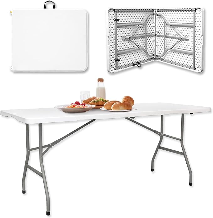 Folding Table 6ft Heavy Duty HDPE White Plastic Portable Table Fold-in-Half Utility Dining Foldable with Carrying Handle Indoor Outdoor for Picnic, Camping, Party