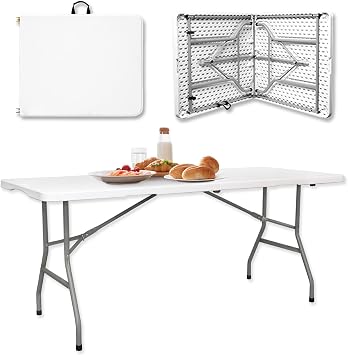 Byliable Folding Table 6ft Heavy Duty HDPE White Plastic Portable Table Fold-in-Half Utility Dining Foldable with Carrying Handle Indoor Outdoor for Picnic, Camping, Party