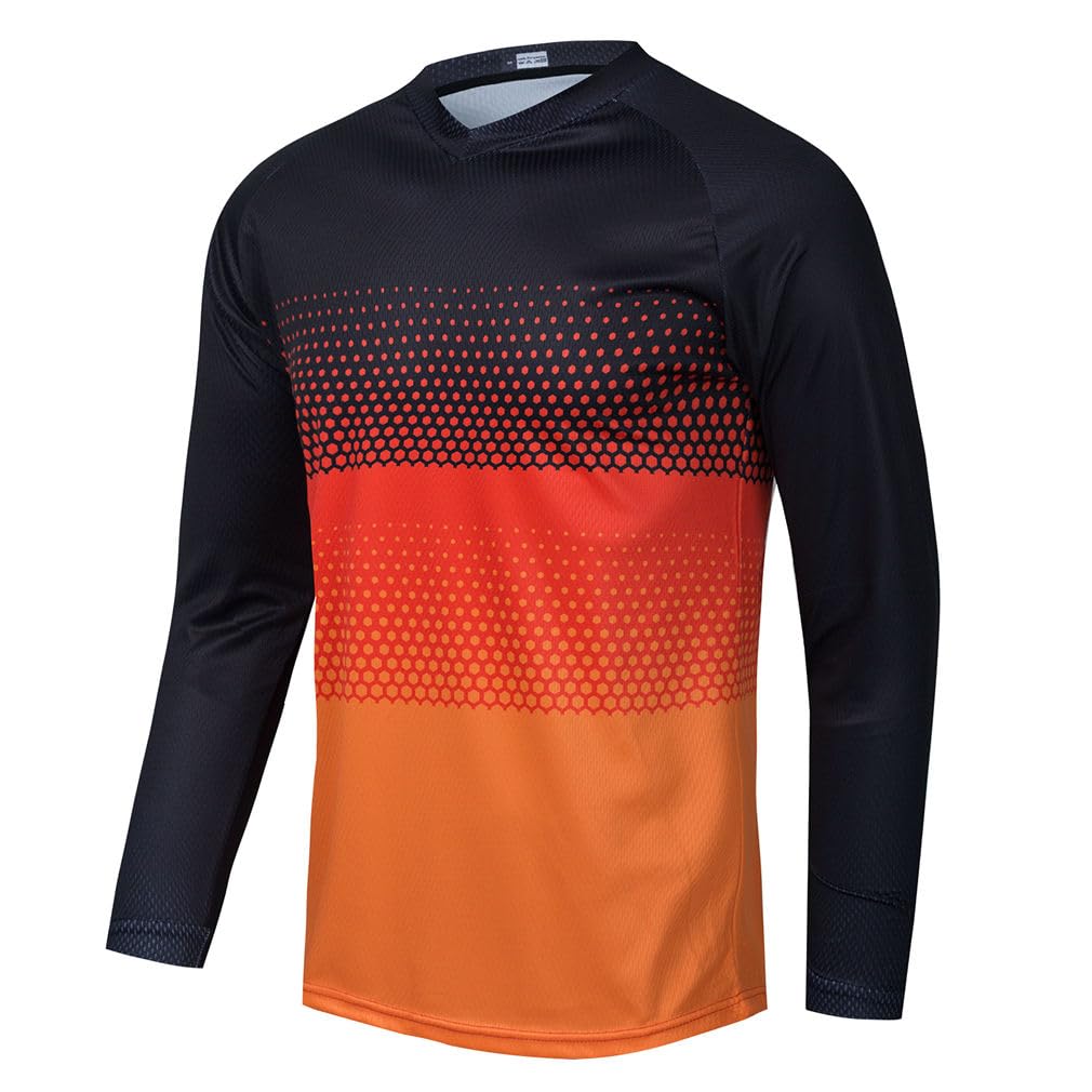 Mountain Bike Jersey for Men, Long Sleeve Dirt Bicycle Shirt for Motorcycle Motocross BMX Moto Mx ATV Riding Off Road Downhill Racing Powersports,Black Orange L
