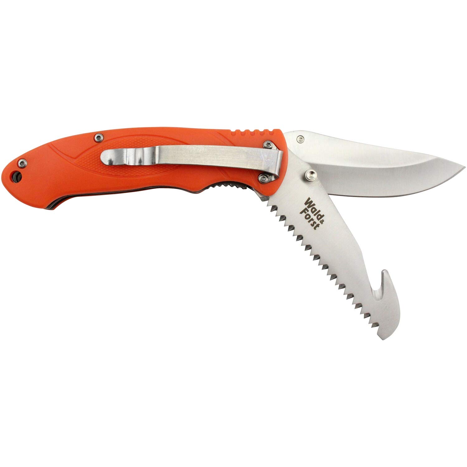 Wald & Forst Einhand-Jagdmesser Klappmesser mit Clip, Säge und Skinner, Signalorange, Aufbewahrungskoffer, 8 cm Klinge, 420-Stahl, Kunststoffgriff, 185 g, Faltbar, Wiederverwendbar, Jagd
