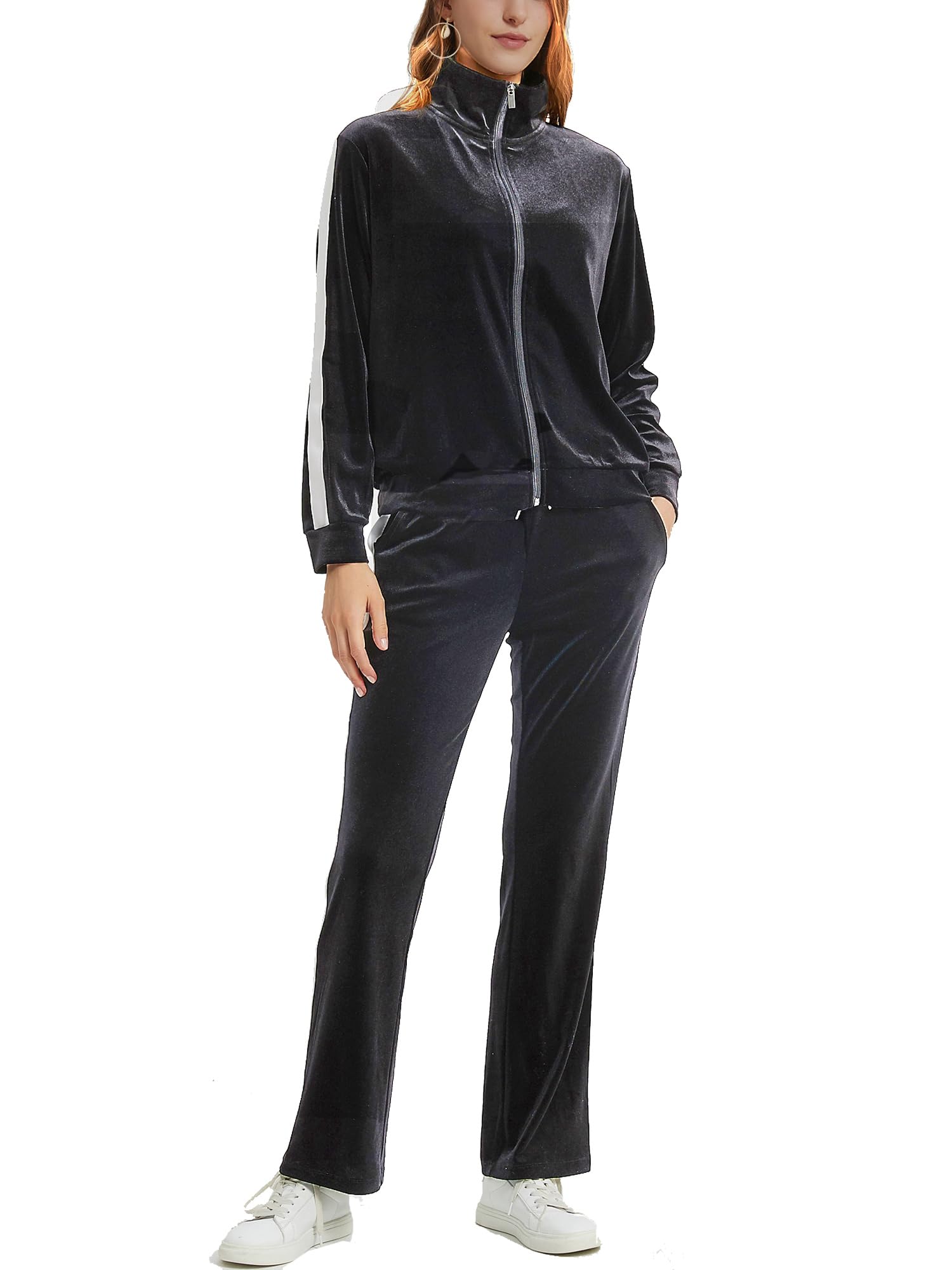 Woolicity Tute da Donna in Velluto Set Tute da 2 Pezzi Completi in Velluto con Cerniera Intera Felpa con Cappuccio e Pantaloni da Jogging