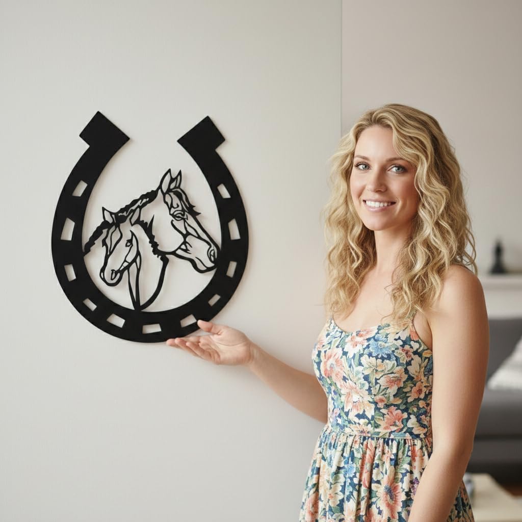 DEKADRON Arte de pared de metal, cabeza de caballo de metal con herradura, arte vaquero, arte rústico, decoración vaquera, letrero de herradura (76 x 90 cm)