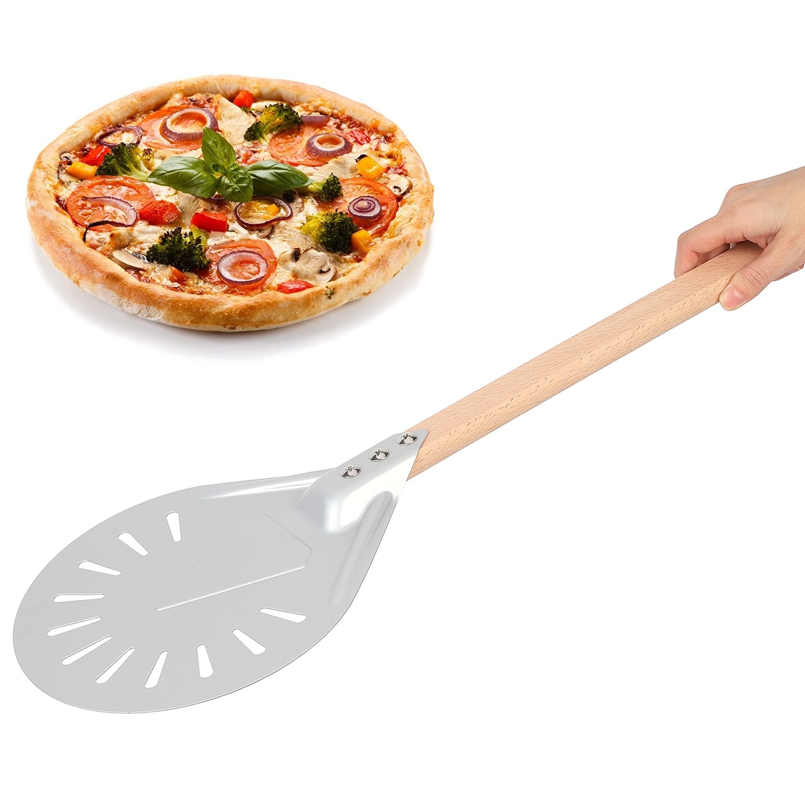 Teuopioe Round Perforated Pizza Peel Non-slip Durable Aluminum Turning Peel Pizza Paddle with 16 Inch Anti-Scalding Wooden Handle for Homemade Pizza Bread Bakers (7IN)