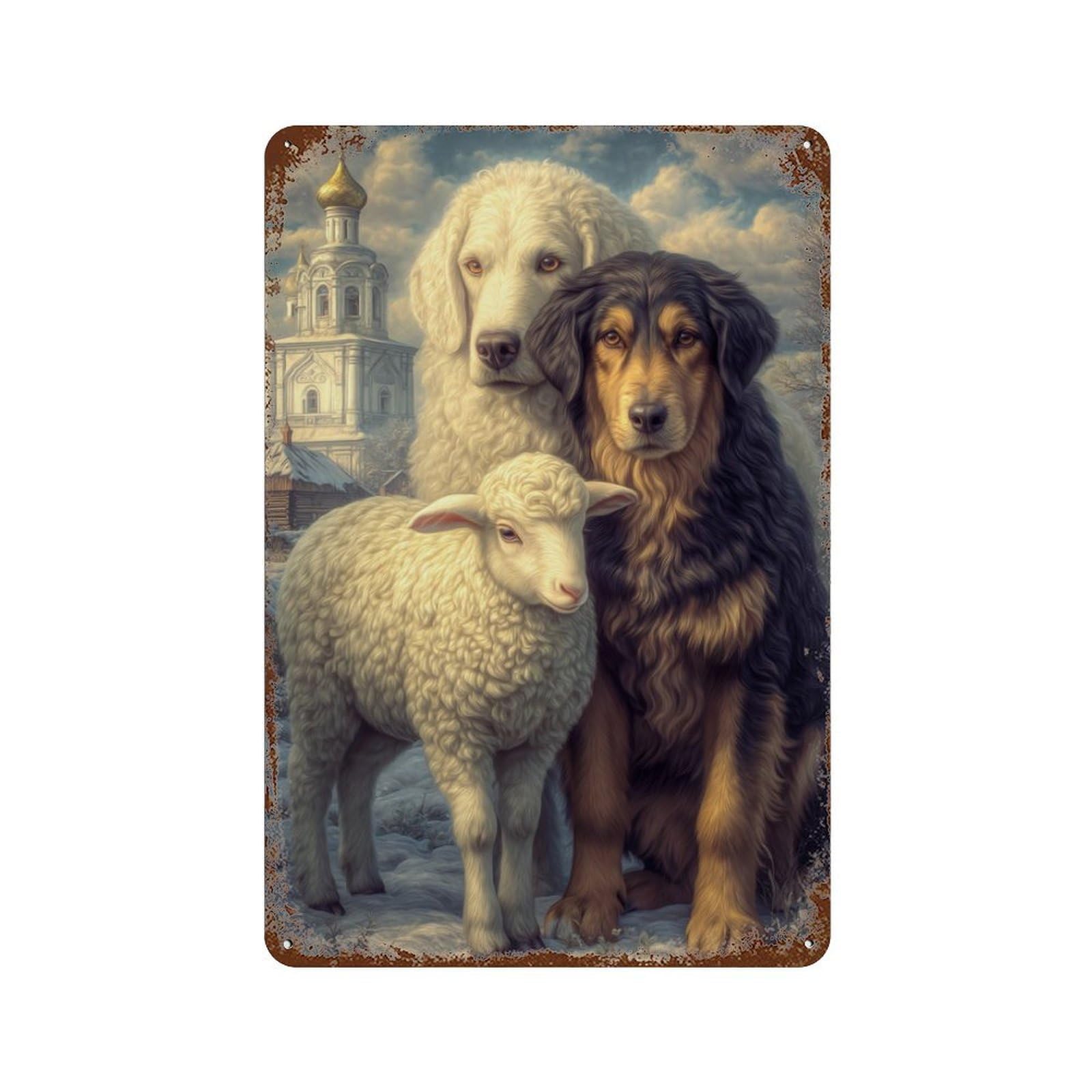 Winter Farm Scene with Sheep And Dogs Aged Metal Wall Plaque 11.8"x7.9", Industrial Home Decor for Garage, Pub Or Kitchen
