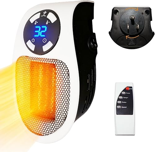 Calentador de calor superior enchufable, calentador portátil de 450 W para uso en interiores, con control remoto, protección térmica, LED, cerámica