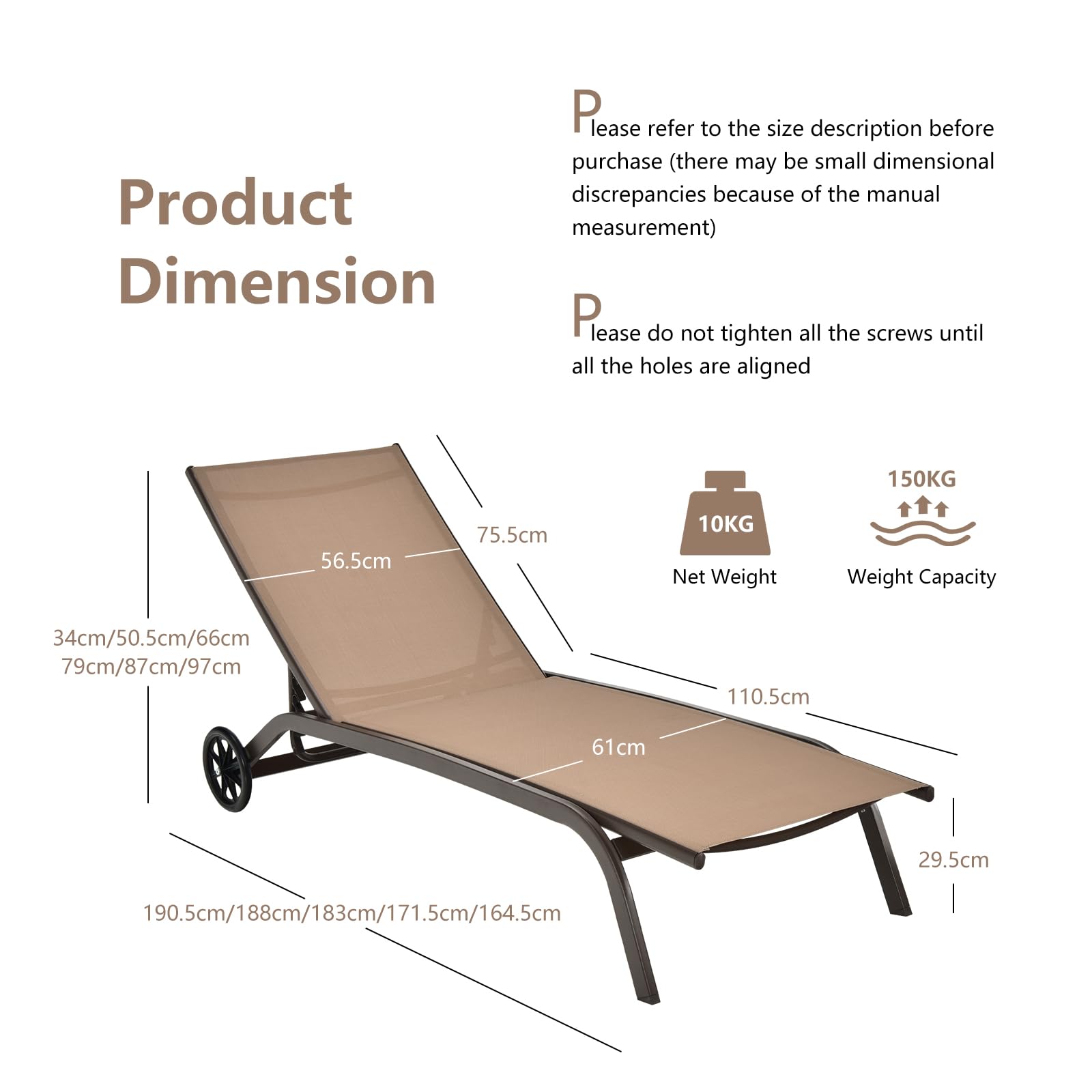 GIANTEX Sonnenliege, Gartenliege mit Rollen, Liegestuhl mit 6-Fach Verstellbarer Rückenlehne, Outdoor Liege für Garten, Balkon & Pool, belastbar bis 150kg, 191 x 61 cm (ohne Sonnendach, Braun)