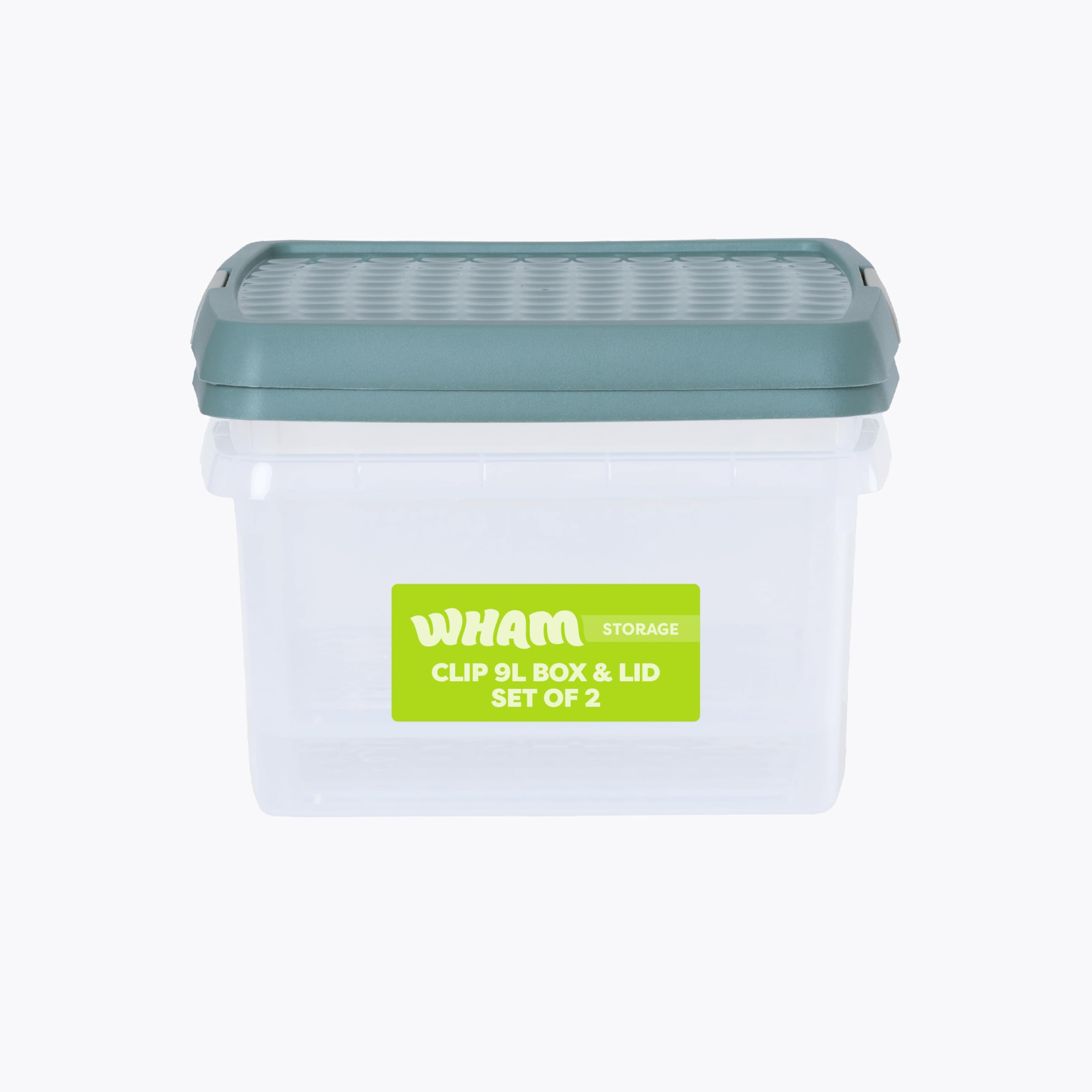 Wham Clear/Green Milieu Clip 2 X 9L Square Stackable Plastic Storage Boxes With Lids | Ideal For Home, Office, Toys & More | Storage Containers With Clip Locks | Made In Uk