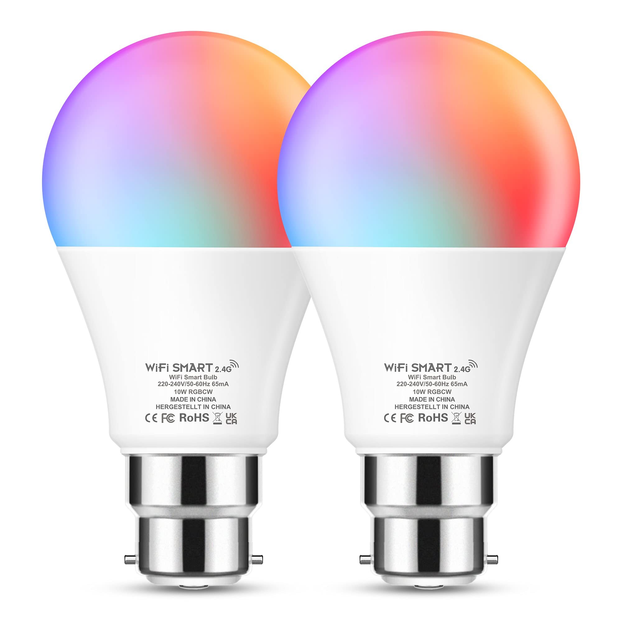 WiFi Smart Bulb, LED Alexa Light Bulbs, B22 Bayonet Dimmable White and RGB Color, Compatible with Alexa and Google Home, 10W =75W, 850LM, No Hub Required (2 Pack)