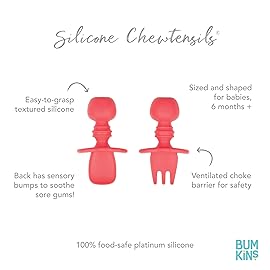 Bumkins Baby Utensils Set, Chewtensils Silicone Spoons for Dipping, Self-Feeding, Baby Led Weaning, Trainer Learning, First Stage Eating, Soft Practice Fork and Spoon, Babies 6 Months, Red