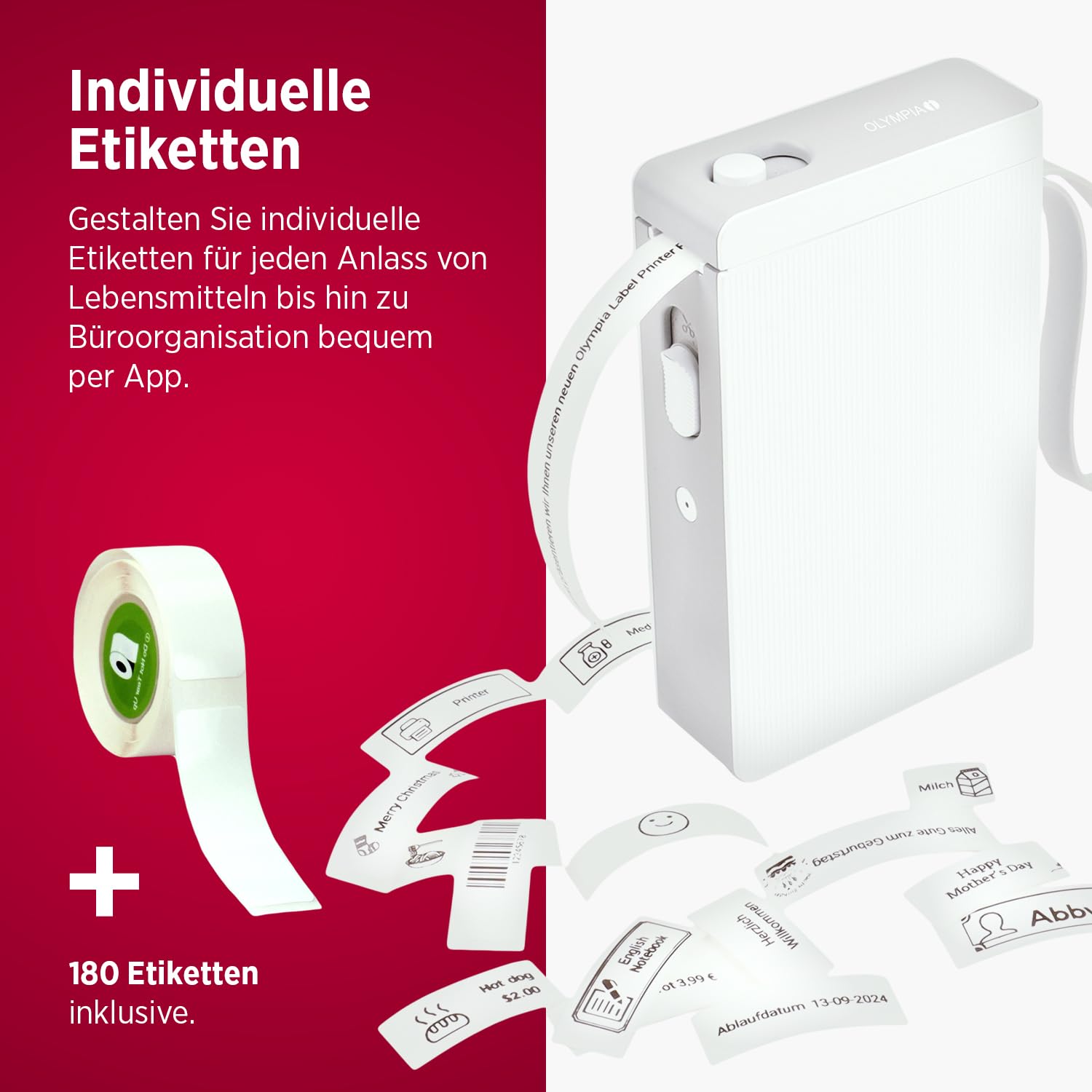 Olympia P22 drukarka etykiet do domowego biura i materiałów biurowych | drukarka termiczna Bluetooth do kuchni, biura i hobby | drukarka etykiet do papieru ciągłego | wodoodporna i odporna na