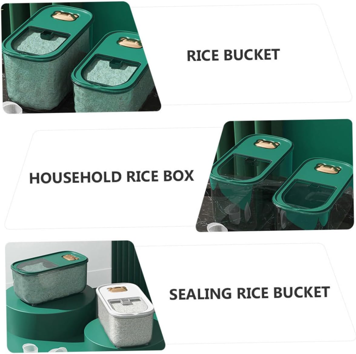 FUOYLOO Airtight Rice Storage Container 10lb Green Thickened Plastic Grain and Flour Sealed Bucket Moisture Proof Kitchen Pantry Organizer