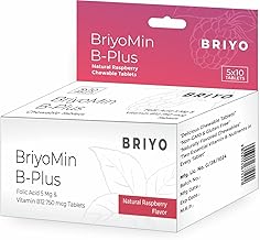 Briyomin B Plus: Folic Acid & Vitamin B12 Tablets - Supports Red Blood Cells, DNA Synthesis, and Nervous System Health - Natural Raspberry Flavored B9 & B12 Chewable Tablets (Pack of 50)